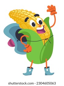 Corn wearing west hat and boots, isolated funny and friendly mexican food ingredient. Vegetable personage with smile, and facial expression. Sticker or emoticon design. Vector in flat styles