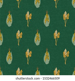 Corn and wheat plants on textured green background. Crop seamless repeating vector pattern. Autumn, fall, harvesting design. Use for Thanksgiving, wrapping paper, fabric, autumn decor, card, packaging