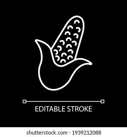 Corn white linear icon for dark theme. Fresh vegetable. Food for cooking. Recipe ingredient. Thin line customizable illustration. Isolated vector contour symbol for night mode. Editable stroke