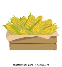 Maíz en una caja de madera. Ilustración vectorial. Aislado sobre un fondo blanco.