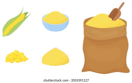 Corn yellow flour heap in  sack and bowl isolated on white. Baking Ingredient for dough. Healthy organic food.