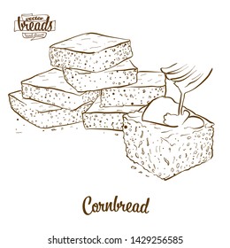 Cornbread bread vector drawing. Food sketch of Cornbread, usually known in America. Bakery illustration series.