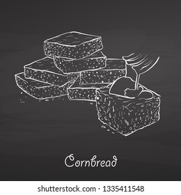 Cornbread food sketch on chalkboard. Vector drawing of Cornbread, usually known in America. Food illustration series.