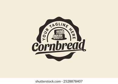 Logo de pan de maíz en forma de emblema con trozos de pan de maíz. Es ideal para panaderías, cafeterías, food trucks, etc.
