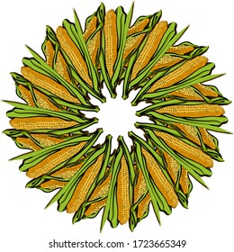Corncob arranged in a circle. Seamless round composition with hand drawn veggies. Vector illustration on white background.