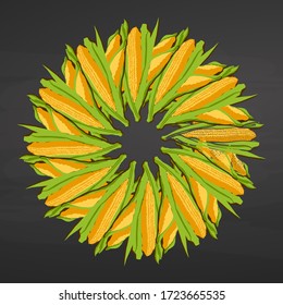 Corncob en círculo. Composición redonda sin inconvenientes con verduras a mano. Ilustración vectorial en la pizarra.