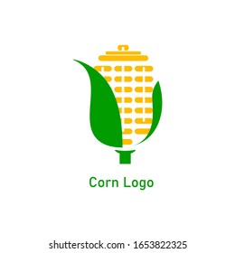 Corncob logo design icon. Yellow corn seed and green leaf isolated on white background. Vector organic grain food illustration