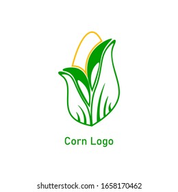 Corncob logo design. Yellow corn seed and green leaf isolated on white background. Vector organic grain food illustration