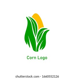 Corncob logo design. Yellow corn seed and green leaf isolated on white background. Vector organic grain food illustration