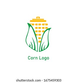 Corncob logo design. Yellow corn seed and green leaf isolated on white background. Vector organic grain food illustration