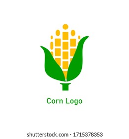Corncob logo design. Yellow corn seed and green leaf isolated on white background. Vector organic grain food illustration