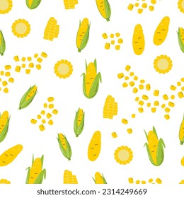 Patrón sin fisuras de Corncob. Diferentes maíz dulce. Producción agrícola local ecológica. Diseño de papel pintado vegetal. Huella de comida de la temporada de cosecha. Ilustración de vector plano dibujada a mano aislada en blanco