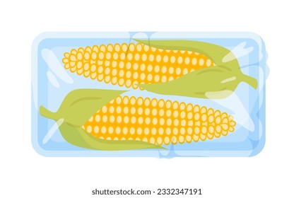 Corncobs in plastic tray vector illustration. Cartoon isolated fresh corn crop with leaves and ripe maize grains in supermarket package, raw summer vegetable in container with polyethylene film wrap