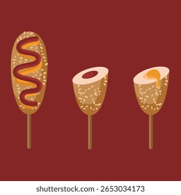 Corndog com migalhas de pão com enchidos de salsicha e queijo mozzarella, coberto com ketchup e molho de mostarda. Ilustração de vetor plano de comida coreana.