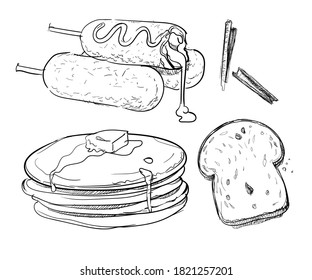 Corndog bread slice pancake honey hand drawn sketches white isolated background