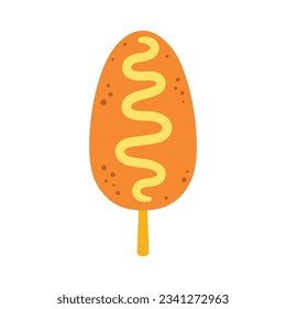 corndog on stick cute color icon, korean street fast food, asian hot dog sausage fried in bread crumbs with mustard, cartoon snack isolated on white, vector illustration