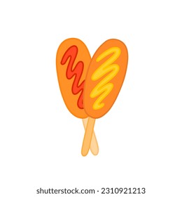Corndog snack illustration. Korean street junk food. Sausage stick is American hot meal. Vector illustration in cartoon flat style. National Corn Dog Day