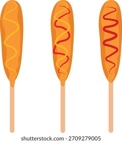 Corndogs, diferentes coberturas de ketchup y mostaza.