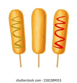 Corndogs with ketchup and mayo. Vector color flat illustration for poster, menus, brochure, web. Icon isolated on white background.