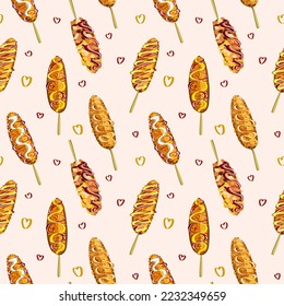 Corndogs seamless vector pattern. Popular Asian street food . Hand-drawn in cartoon style fried hot corn dogs with sausage, cheese and sauce.