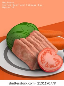 Corned beef slices with cabbage, tomatoes and carrots served on a white plate on a brown table. National Corned Beef and Cabbage Day March 17