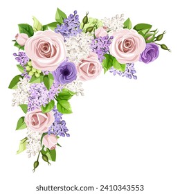 Corner background with pink rose flowers, lilac flowers, and green leaves. Vector floral border. Hand-drawn illustration, not AI svg