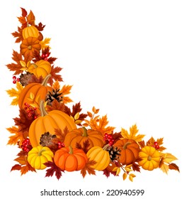 Corner background with pumpkins and autumn leaves. Vector illustration.