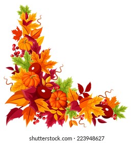 Corner background with pumpkins and colorful autumn leaves. Vector illustration.