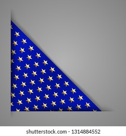 Corner Banner Ribbon. Blue with gold stars. Peper cut. Isolated on gray background. Vector illustration.
