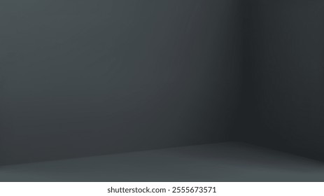 Corner black studio room. Limbo dark grey background. Abstract grey 3d backdrop product presentation. Minimal empty wall scene. Showcase promotion display. Vector realistic stage mockup illustration