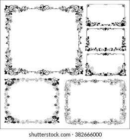 Corner black.Page decoration. Decorative frame floral elements, Set of corners and borders.flower corner linear decorative elements.Set of Black