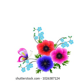 Corner with blue forget me not flowers and anemones with a butterfly.