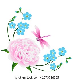 Corner with blue forget me not flowers and a pink peony with a dragonfly.