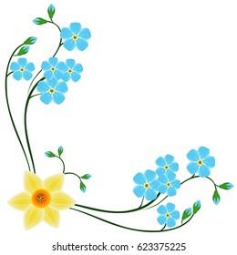 Corner with blue forget me not flowers and daffodil.