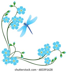 Corner with blue forget me not flowers and dragonfly on a white background. svg