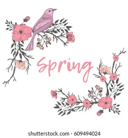 Corner border with a bird, flowers and tree branches. Spring. Birds and flowers. A collection of vector elements for design.