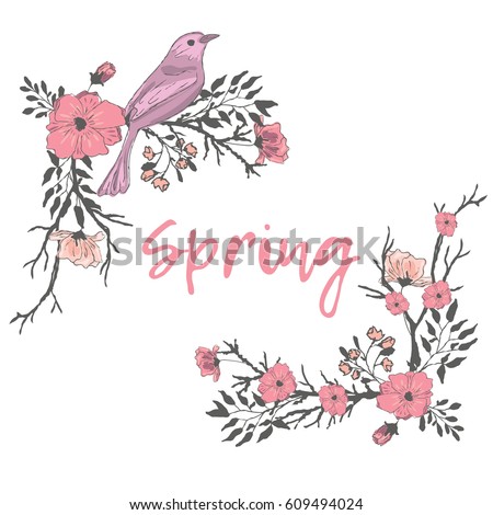 Corner Border Bird Flowers Tree Branches Stock Vector Royalty Free