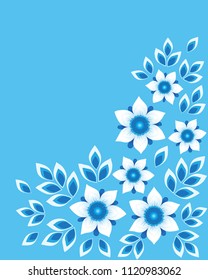 Corner border with with blue and white flowers, isolated on blue background, with space for text, design element. Vector illustration