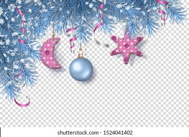 Corner Border of Christmas Tree. Vector Christmas decorations hanging on blue fir tree branches. Elements of Christmas and new year design