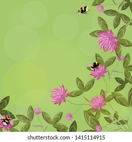 Corner border of clover leaves, flowers and bumblebees, empty floral frame on a green background. Vector composition.