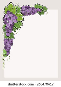 Corner border with dark grape. Frame element with bunches of grapes in corner of decorative border. Copy space. Template for card, menu or poster. Vector file is EPS8.