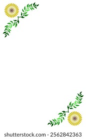 Corner border design concept of sunflower with leaves isolated on white background - vector illustration