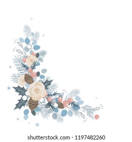 Corner border eucalyptus and pine branches, roses, pine cones, mix of plants and berries. Vector illustration