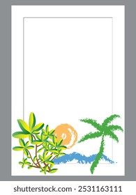 Corner border frame with tree, leafs and sun natural vector illustration isolated on gray background.