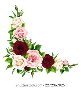 Corner border with pink, burgundy, and white rose flowers on a white background