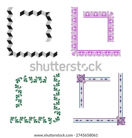 Corner border set. Floral frame vector. Geometric angle decoration. Edge ornament design. EPS 10.
