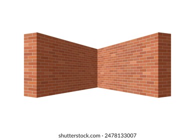 Esquina de la pared de ladrillos en la perspectiva. Imagen 3D de pared de ladrillo aislada sobre fondo blanco. Ilustración vectorial 
