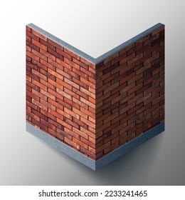 Corner of a brick wall. Vector illustration of a realistic corner shaped brick wall on a concrete base. Sketch for creativity.