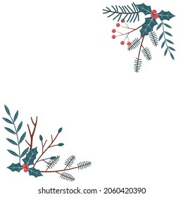 A Corner Bundle With Branches And Berries. Vector Border Frame For A Postcard Or Seasonal Banner. Aesthetic Botanical Illustration. Winter Design