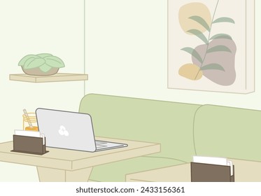 the corner of cafe, workspace, work remotely, laptop, background -flat illustration 